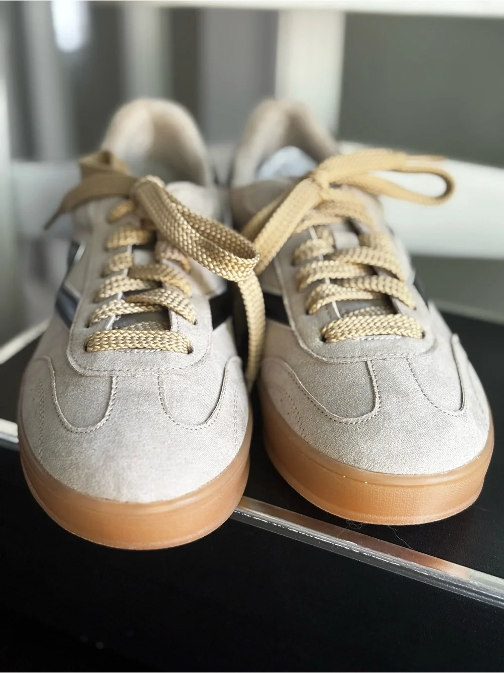 Madden Girl NEW Women’s Taupe Beige Suede Sneakers with Black Accent Gum Sole
